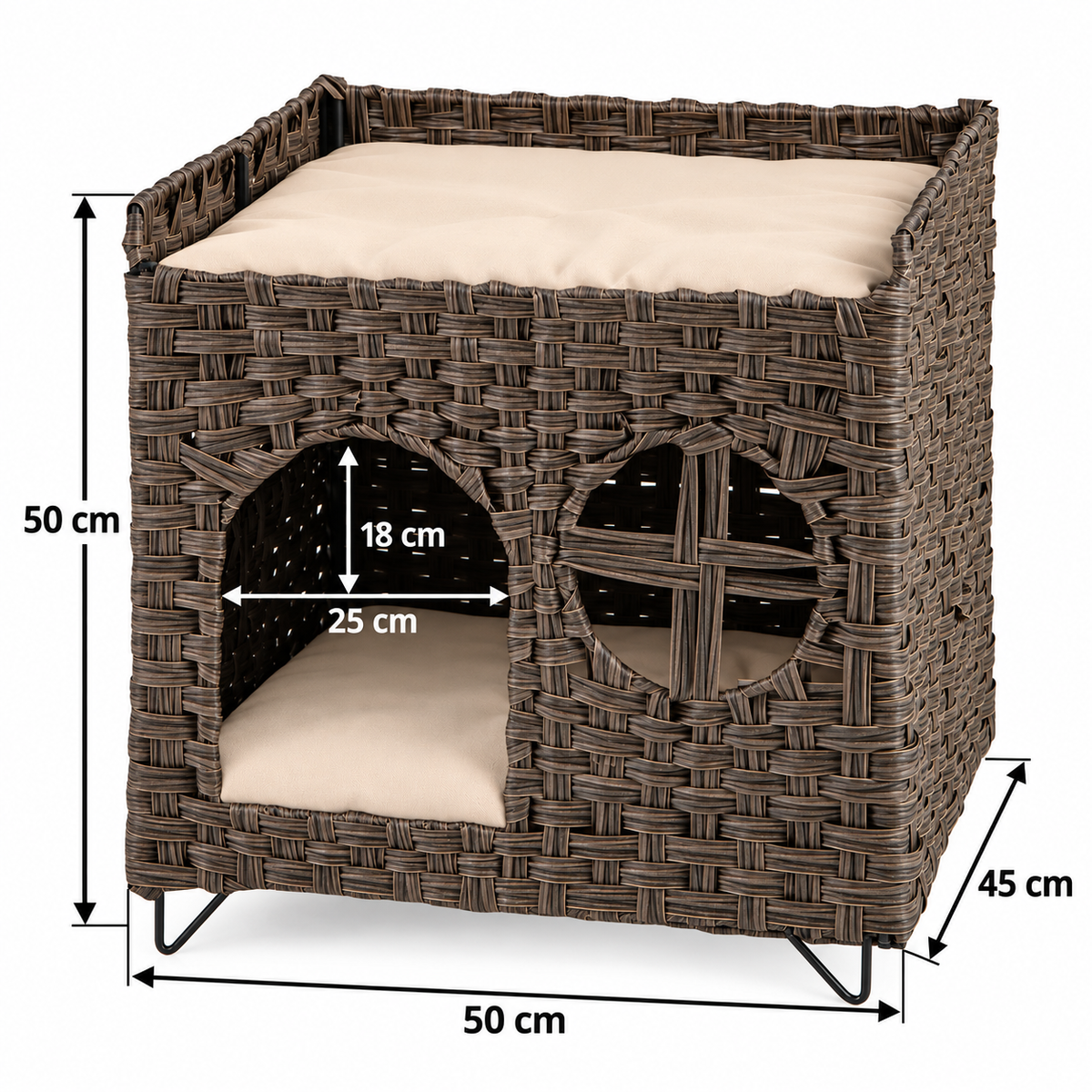The Foldaway Wicker House dimensions: 50 by 45 by 50 cm with a 25 by 18 cm lower entrance