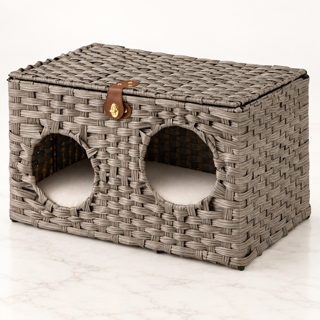 The Woven Retreat grey rattan cat house on a pale white-marble studio floor