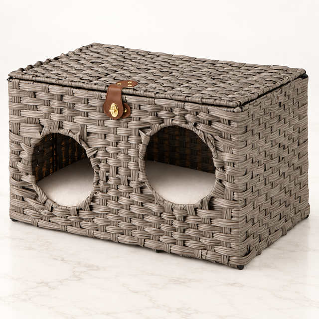 The Woven Retreat — 60cm Folding Rattan Cat House