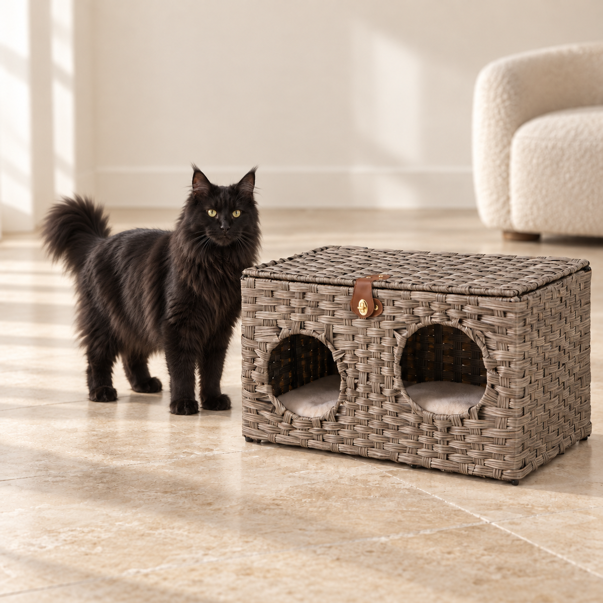 The Woven Retreat beside a realistically scaled adult black Maine Coon in a sparse luxury living room