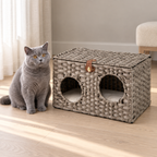 The Woven Retreat beside a solid-blue British Shorthair in a quiet luxury bedroom