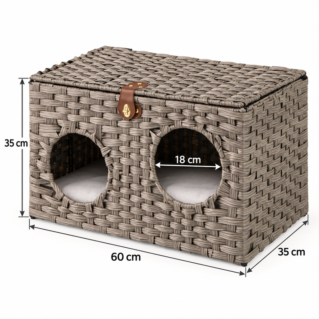 The Woven Retreat dimensions: 60 by 35 by 35 cm with two 18 cm front openings