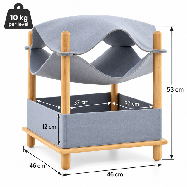 Bamboo cat bed dimensions: 46 by 46 by 53 cm with 10 kg capacity per level