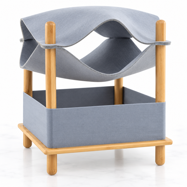 Large cat bamboo hideaway with convertible grey felt condo and lower storage shelf