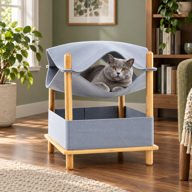Blue British Shorthair resting in a grey felt bamboo cat hammock