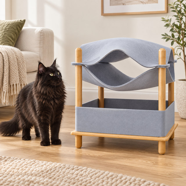 Black Maine Coon beside a two-tier bamboo cat bed with grey felt hideaway