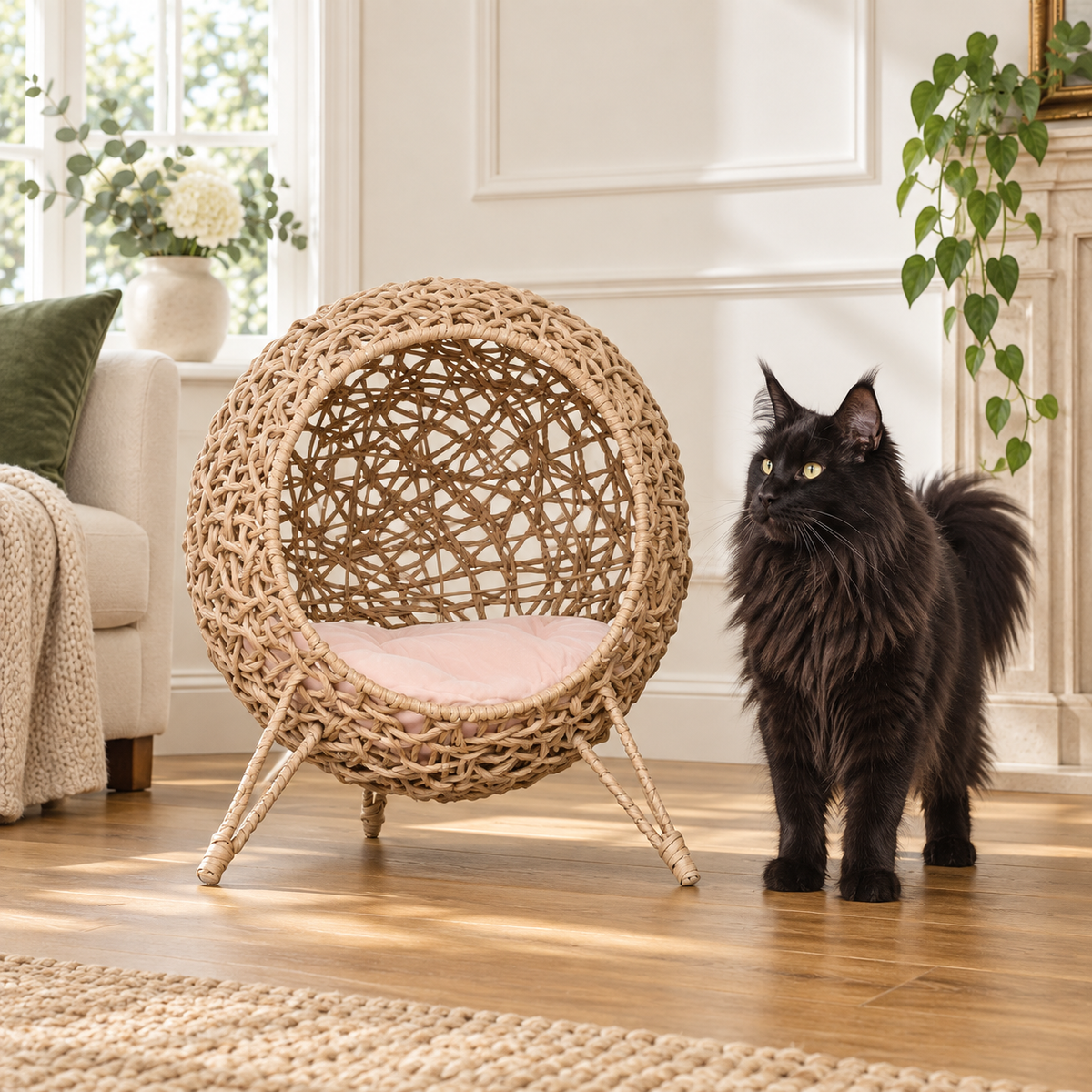 Black Maine Coon beside an elevated natural rattan cat pod bed