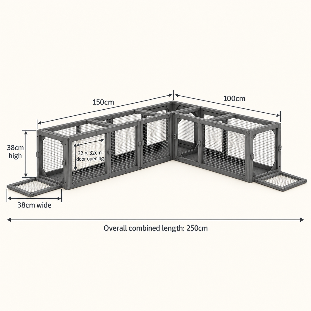 Modular wooden cat tunnel dimensions: 150cm and 100cm sections, 38cm wide and high, 32cm door