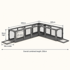 Modular wooden cat tunnel dimensions: 150cm and 100cm sections, 38cm wide and high, 32cm door