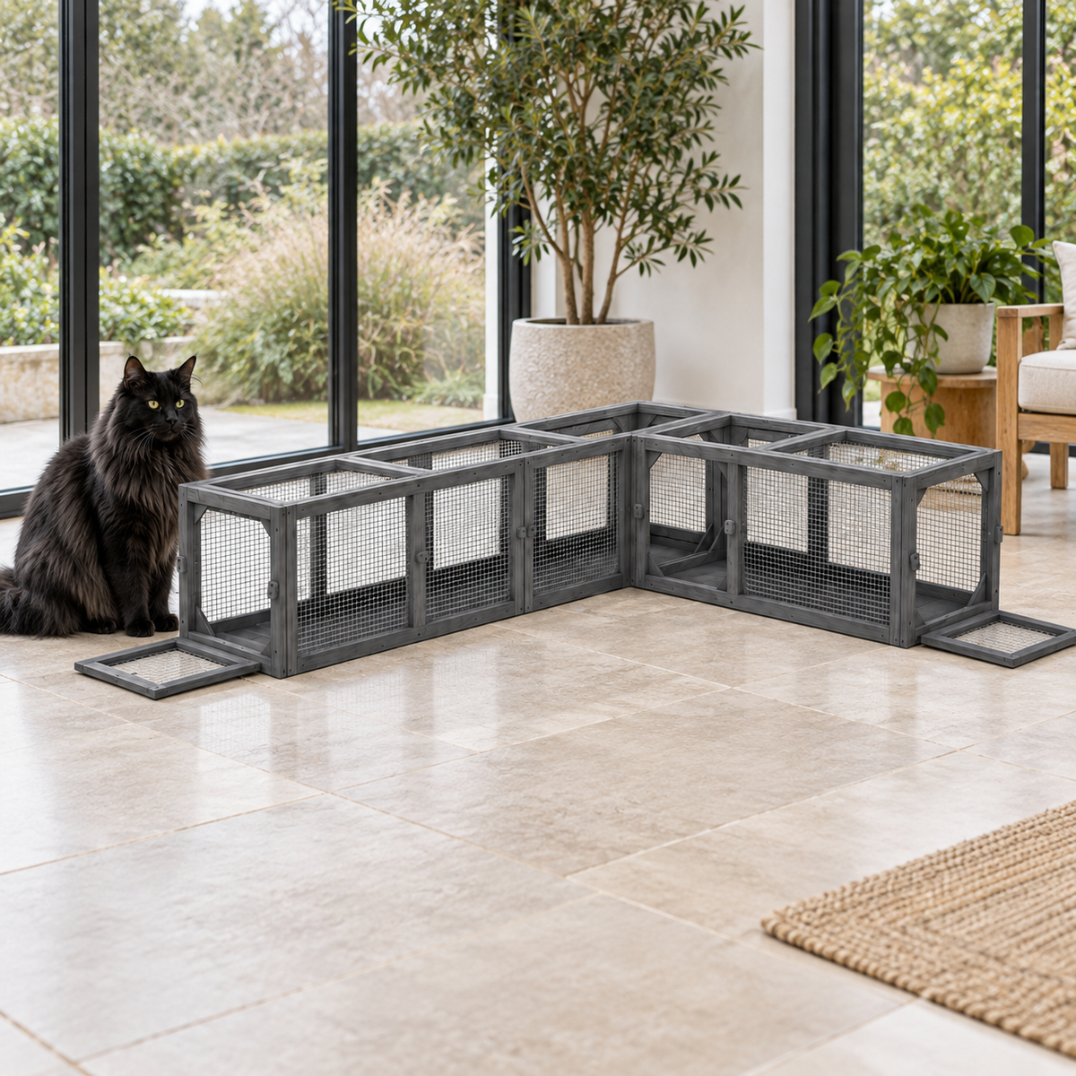Full-sized black Norwegian Forest cat beside the modular wooden cat tunnel in a garden room