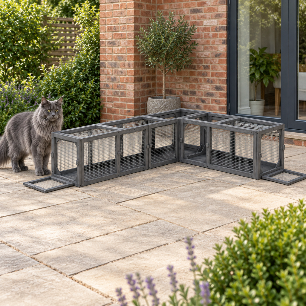Full-sized blue Maine Coon beside the dark grey modular cat tunnel on a garden terrace