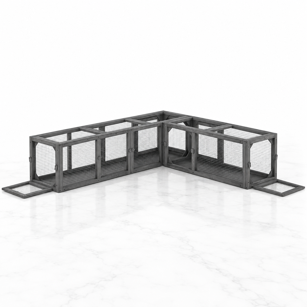 Dark grey 250cm modular wooden cat tunnel in an L-shape on a white marble floor