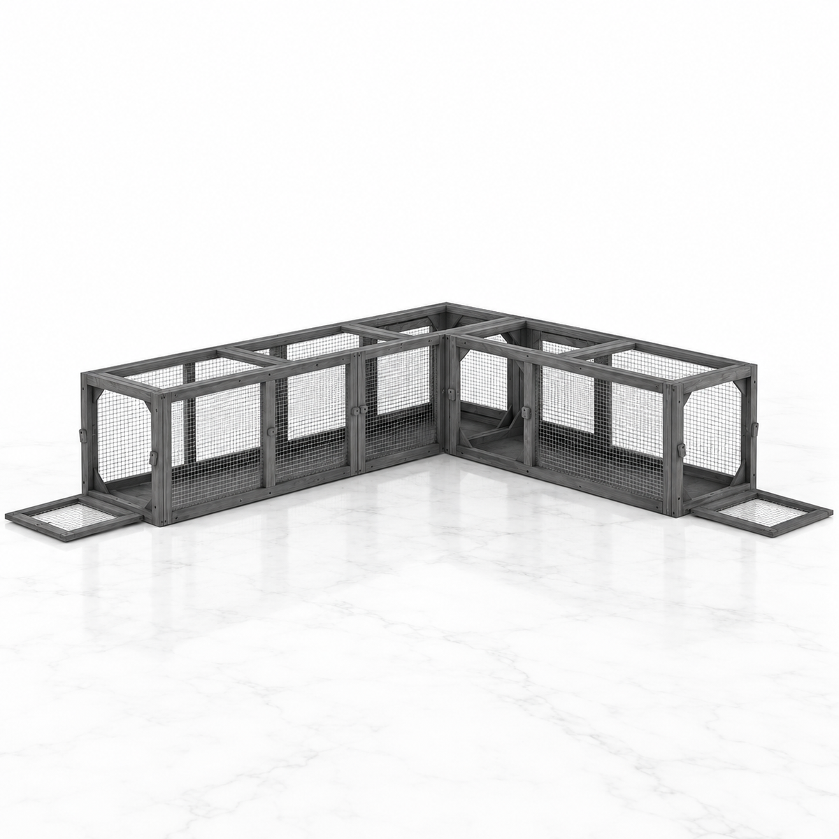 Dark grey 250cm modular wooden cat tunnel in an L-shape on a white marble floor