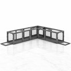 Dark grey 250cm modular wooden cat tunnel in an L-shape on a white marble floor