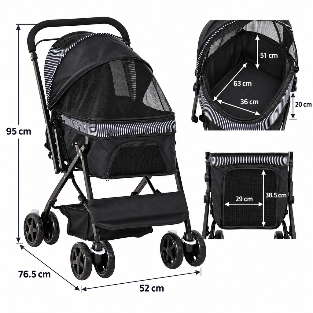 Plain white dimension diagram for Reversible-Handle Pet Stroller – 10kg Limit showing product size measurements in centimetres.