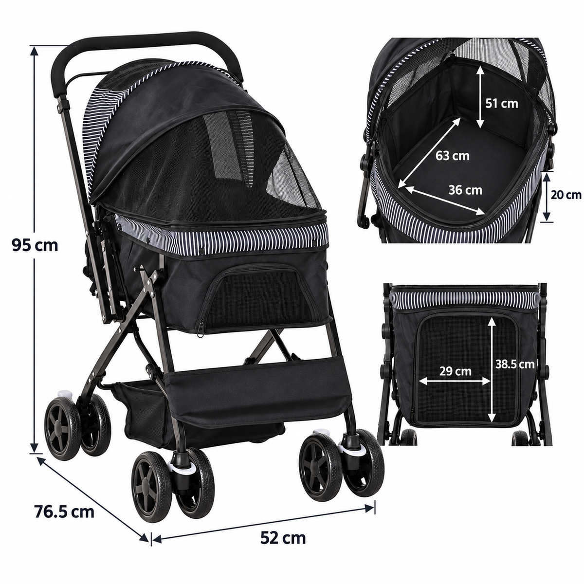 Plain white dimension diagram for Reversible-Handle Pet Stroller – 10kg Limit showing product size measurements in centimetres.