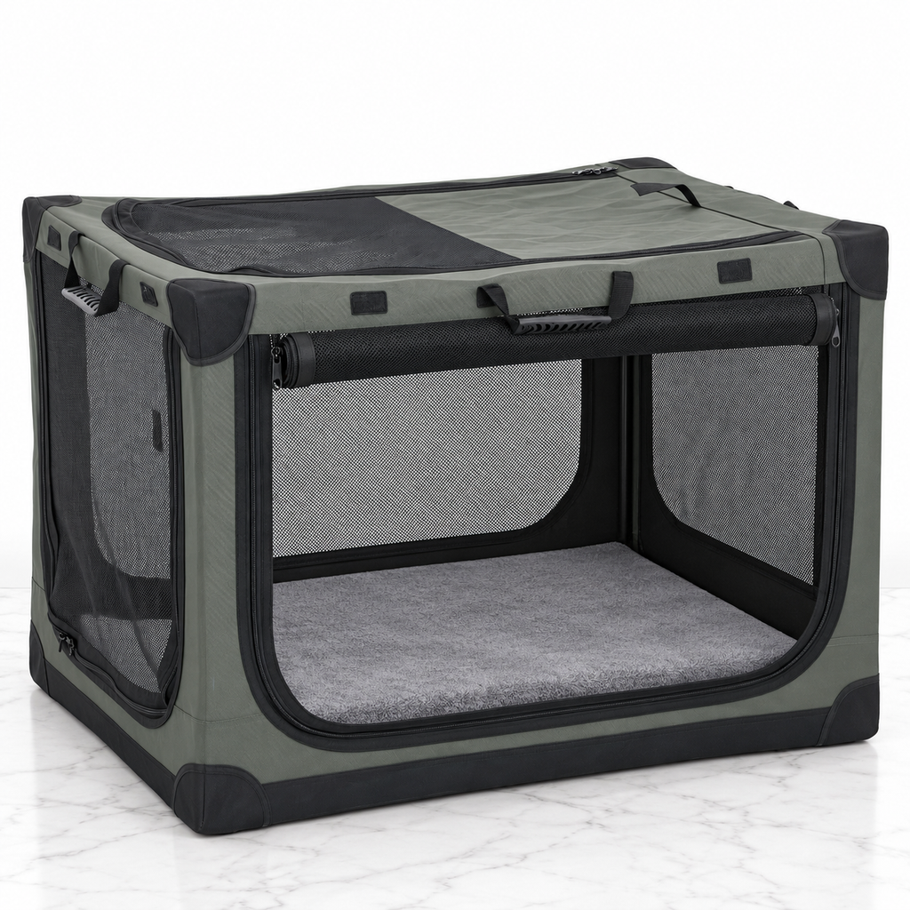 90cm army-green folding soft pet crate on light white marble