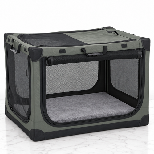 90cm army-green folding soft pet crate on light white marble