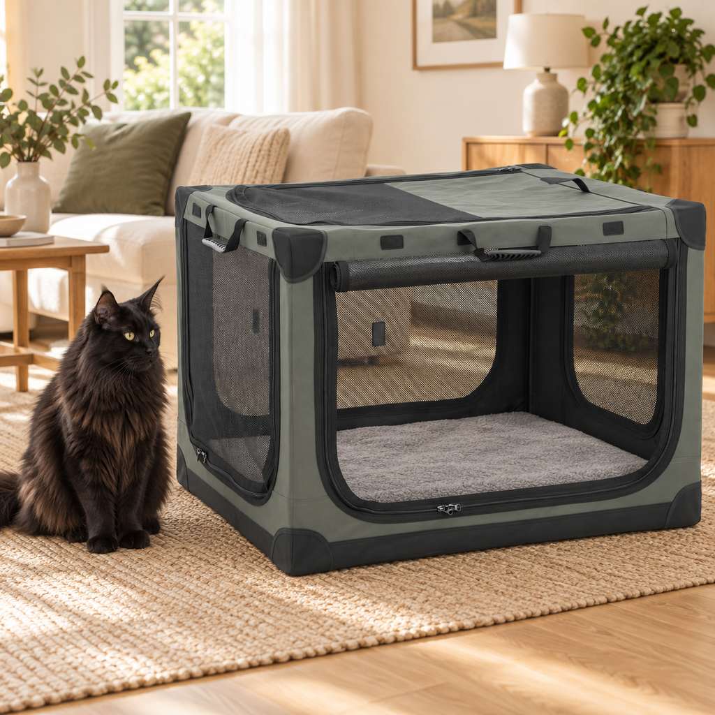 90cm folding soft pet crate beside a solid-black Maine Coon