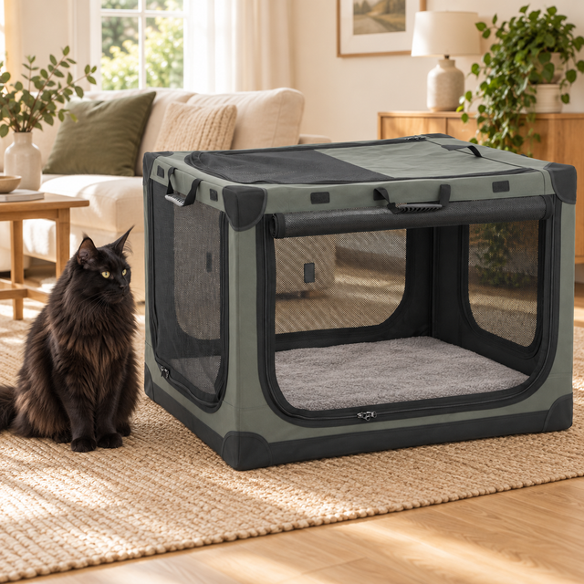 90cm folding soft pet crate beside a solid-black Maine Coon
