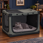 90cm folding soft pet crate with a solid-blue British Shorthair resting inside