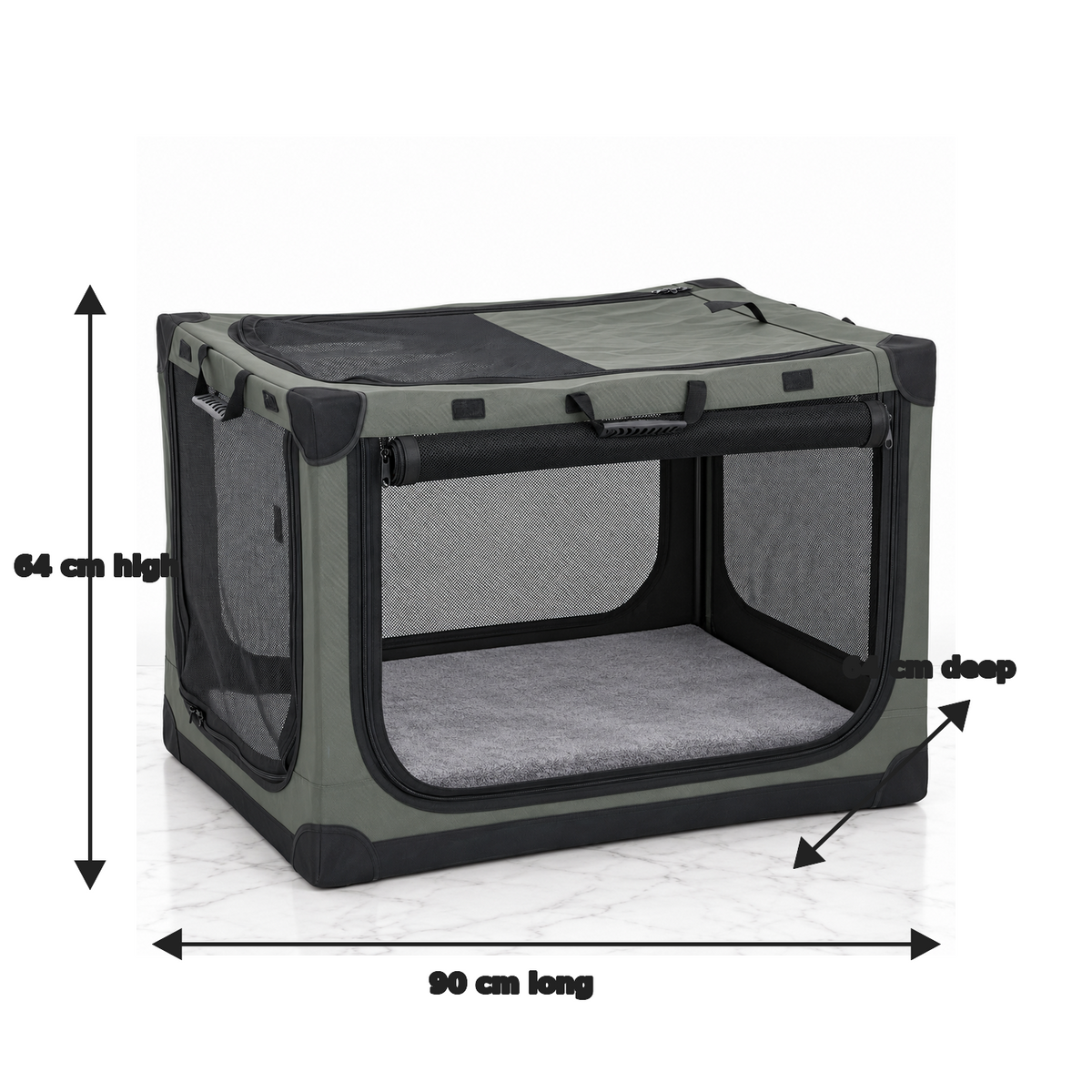 90cm folding soft pet crate dimensions: 90cm long, 64cm deep and 64cm high