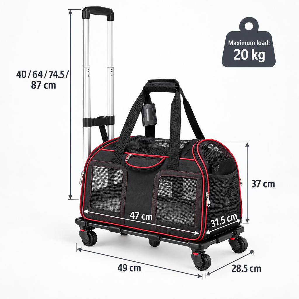 Black and red rolling pet carrier dimensions: 47 x 31.5 x 37 cm with 49 x 28.5 cm trolley base
