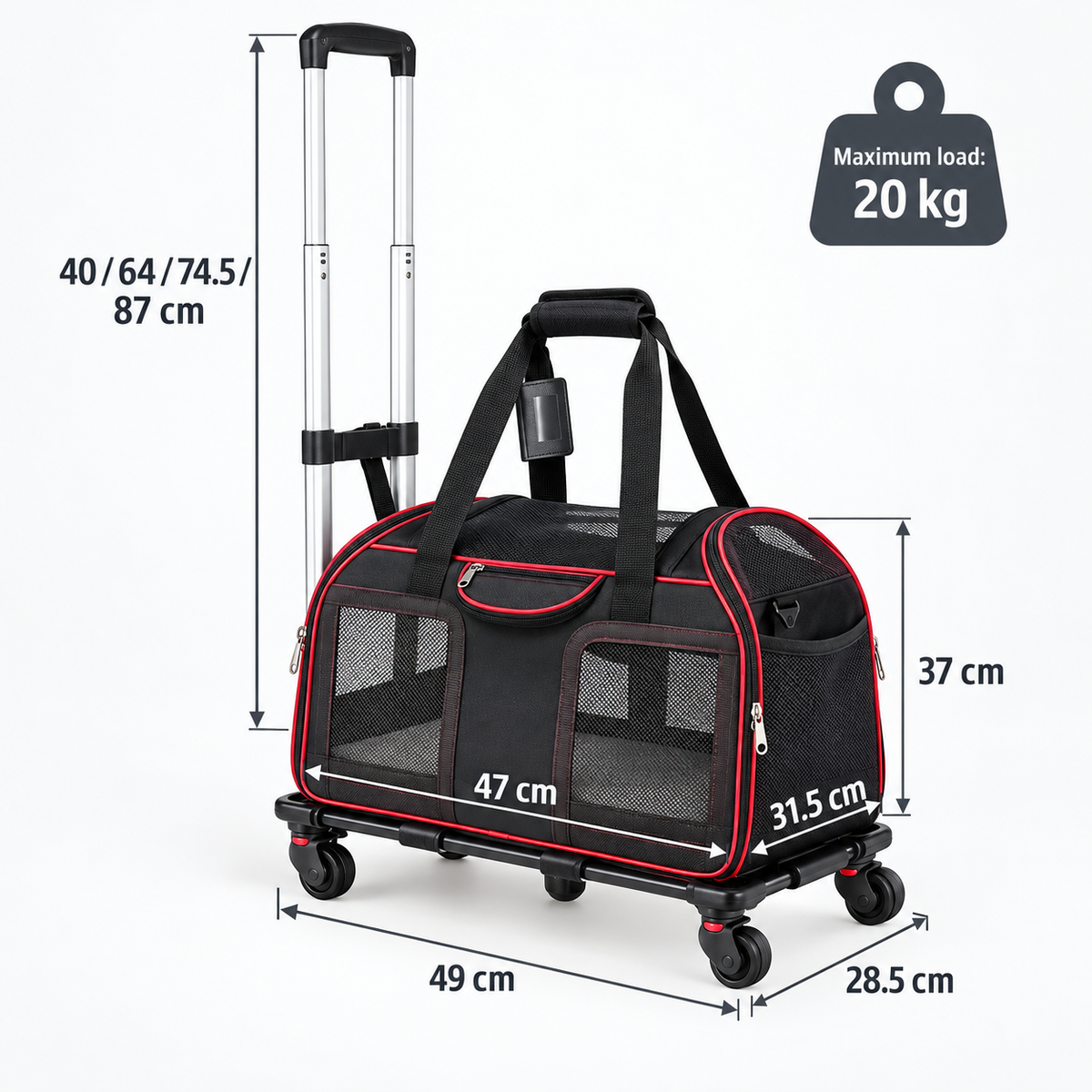 Black and red rolling pet carrier dimensions: 47 x 31.5 x 37 cm with 49 x 28.5 cm trolley base
