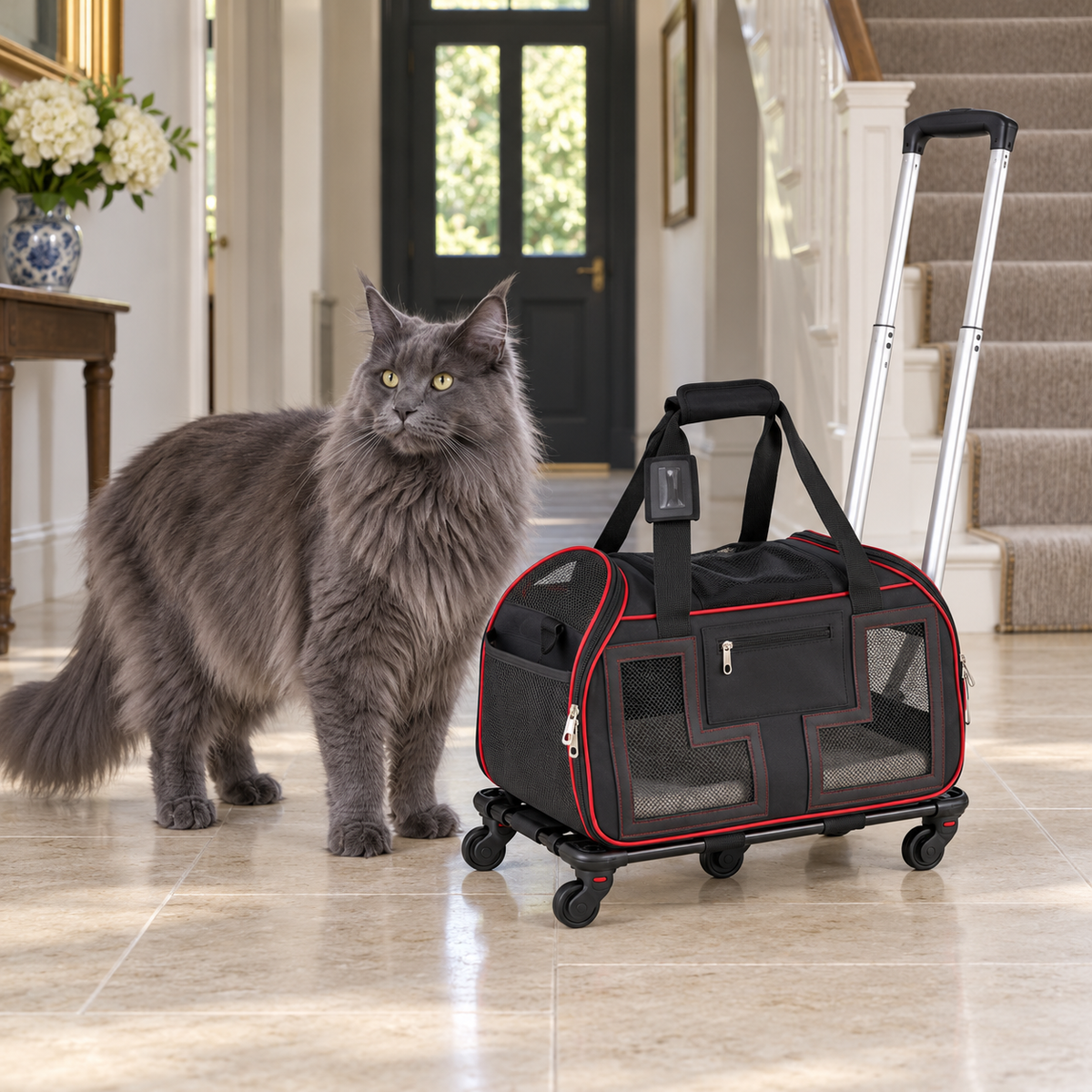 Black and red rolling pet carrier beside a full-sized solid blue-grey Maine Coon in a hallway