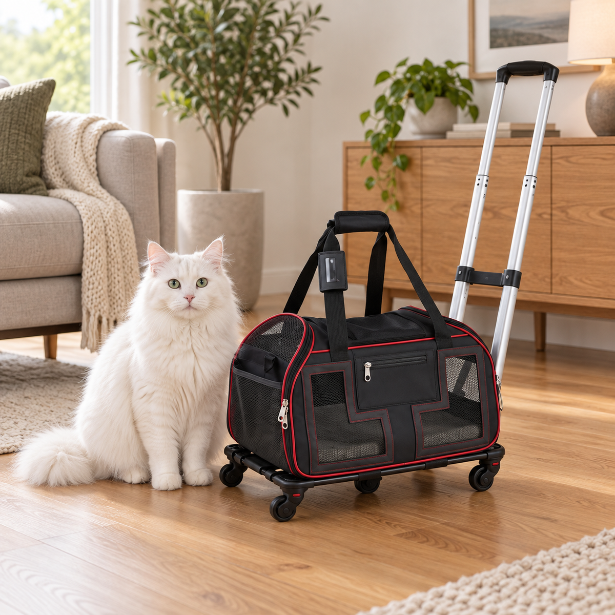 Black and red rolling pet carrier beside a full-sized solid white Siberian cat in a sitting room