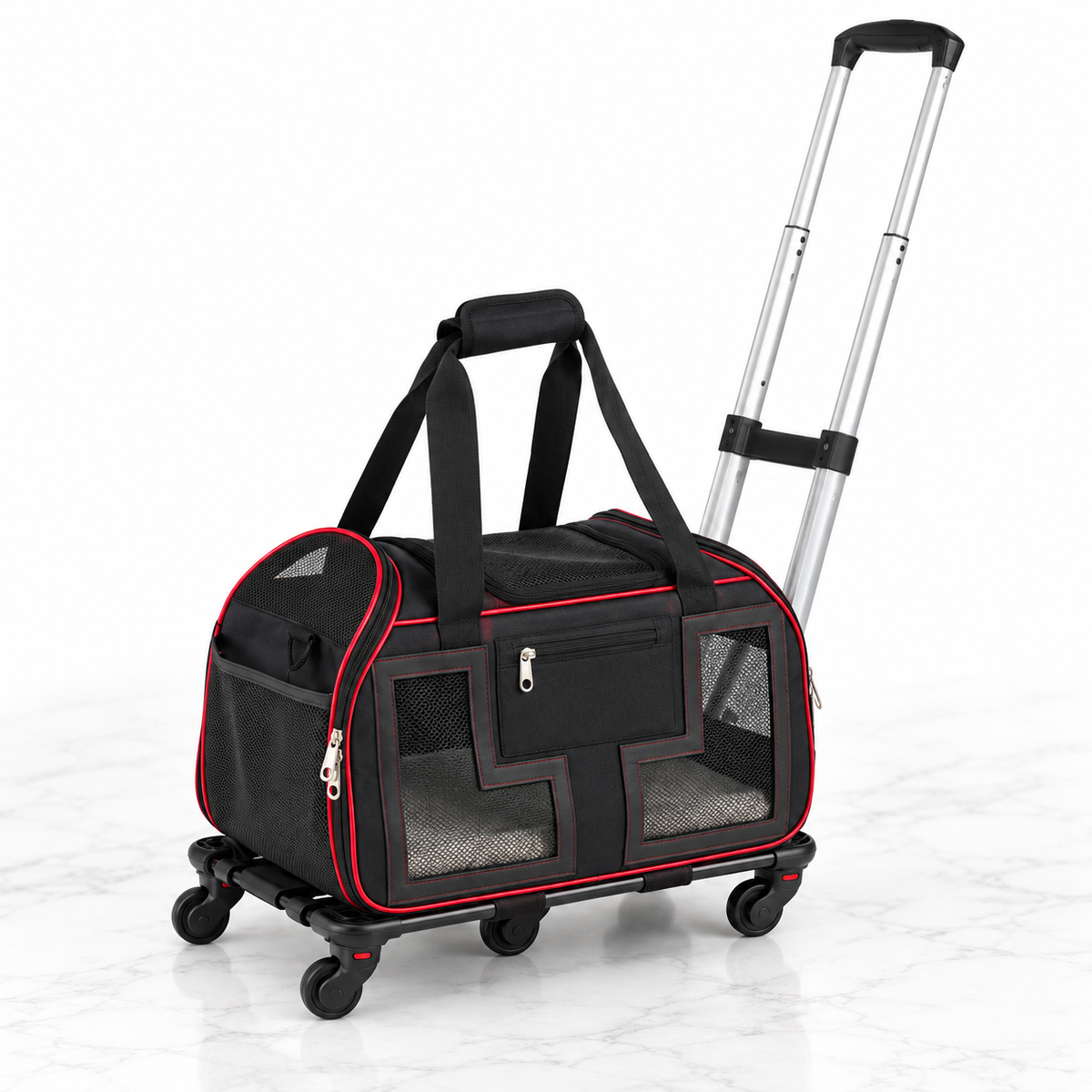 Black and red rolling pet carrier on a light white marble background