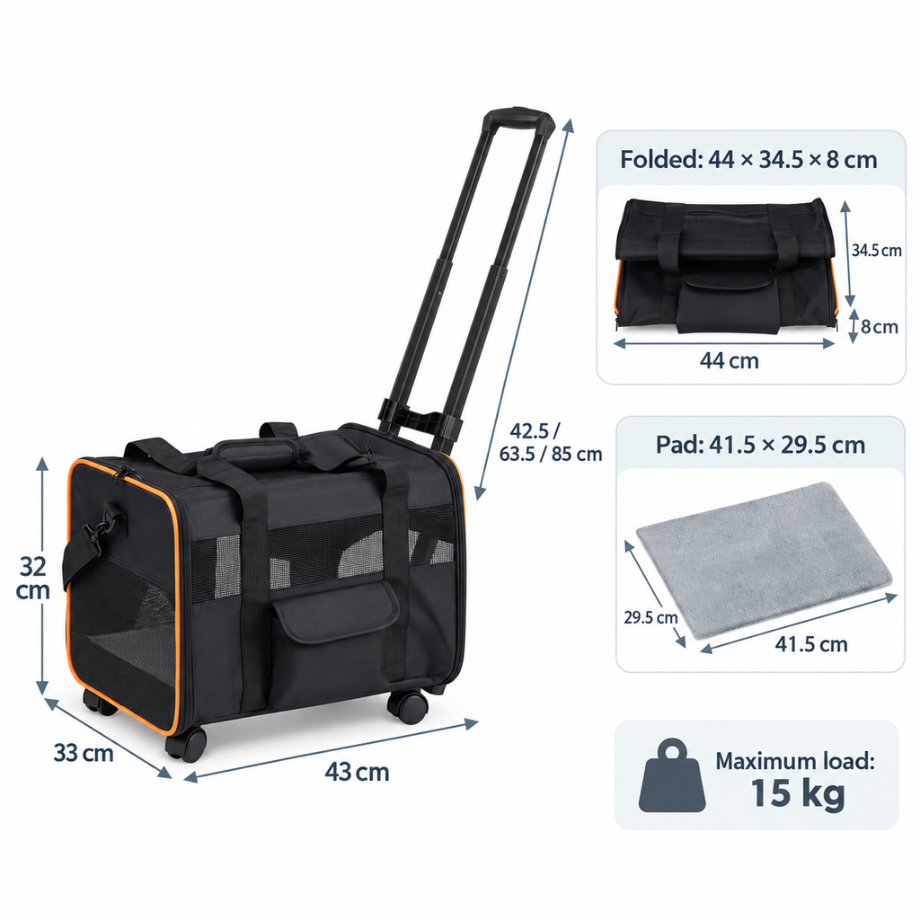 Compact rolling pet carrier dimensions: 43 x 33 x 32 cm with folded and washable pad measurements