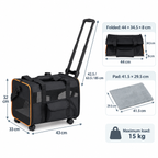Compact rolling pet carrier dimensions: 43 x 33 x 32 cm with folded and washable pad measurements