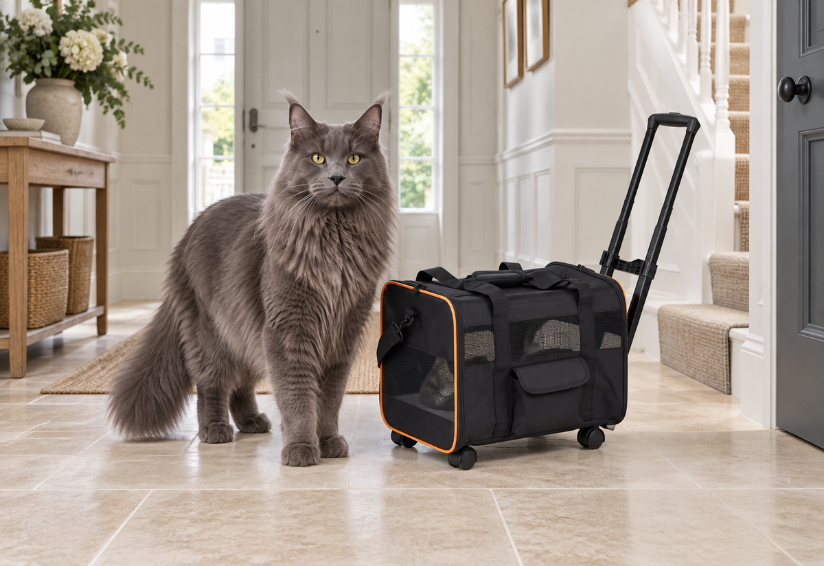 Compact black rolling pet carrier beside a full-sized solid blue-grey Maine Coon in a hallway