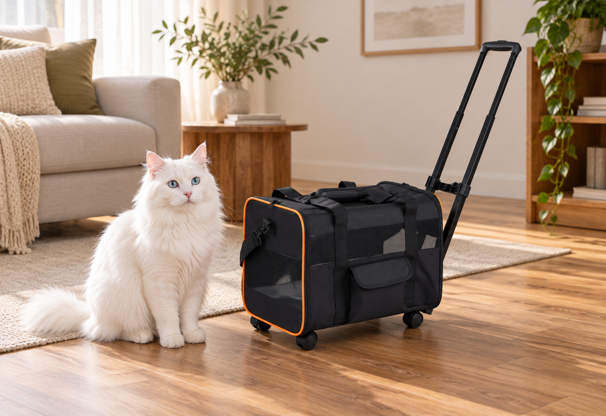 Compact black rolling pet carrier beside a full-sized solid white Siberian cat in a sitting room