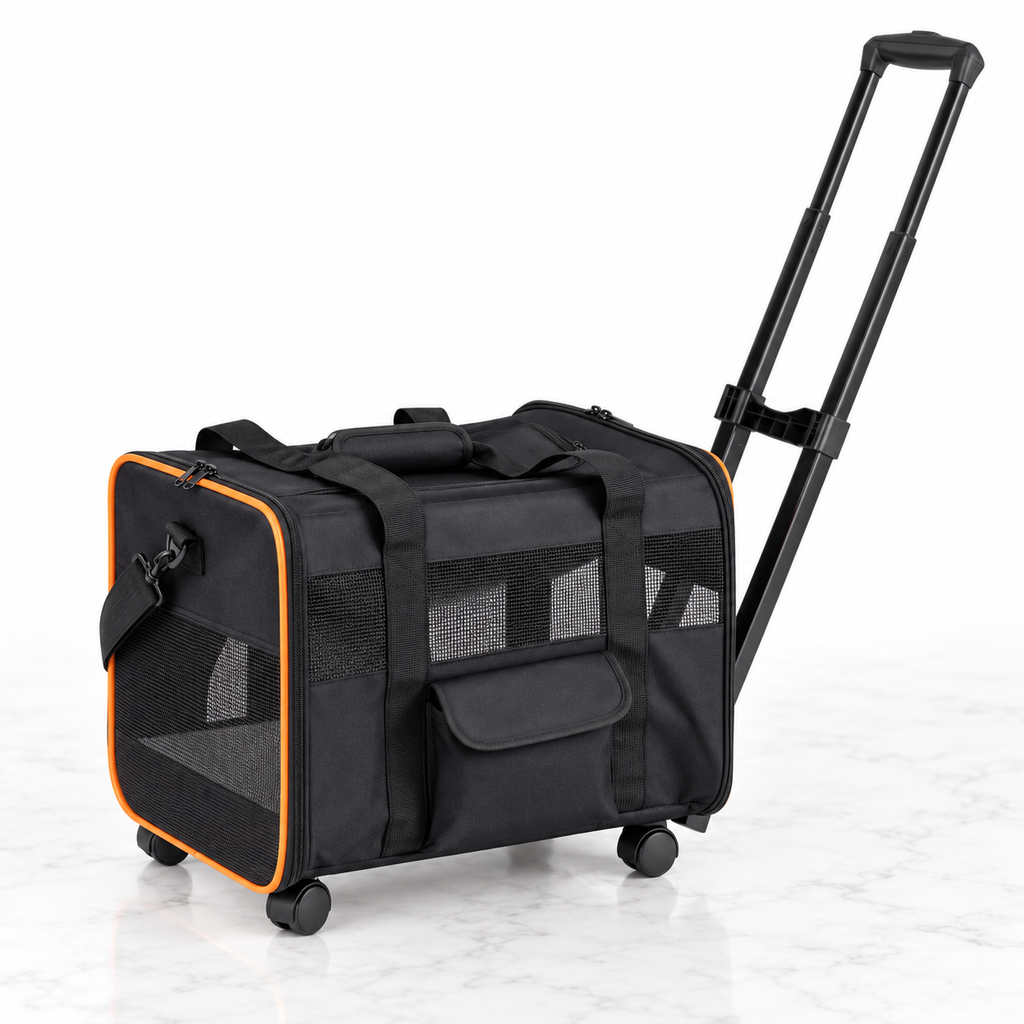 Black compact rolling pet carrier with orange trim on a light white marble background