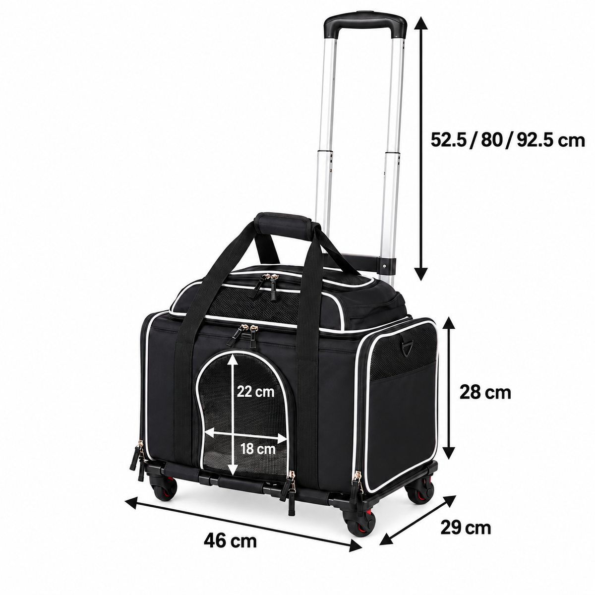 Plain white dimension diagram for Compact Rolling Pet Carrier – 5.5kg Cat Limit showing product size measurements in centimetres.