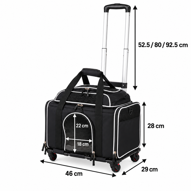 Plain white dimension diagram for Compact Rolling Pet Carrier – 5.5kg Cat Limit showing product size measurements in centimetres.