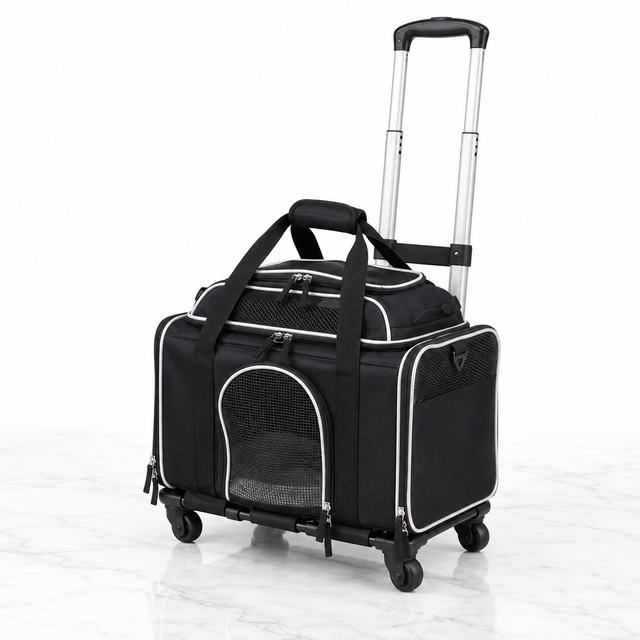 Black low-profile rolling pet carrier with silver piping on a light white marble background