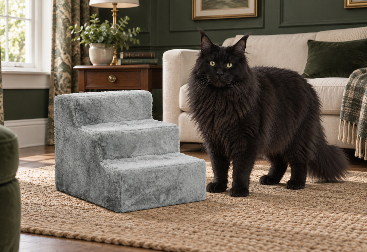 Compact light-grey three-step pet stairs beside a full-sized solid black large-breed cat in a sitting room