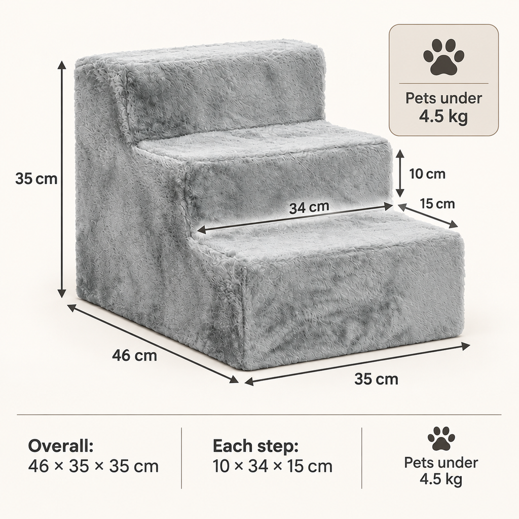 Three-step plush pet stairs dimensions: 46 by 35 by 35 cm, 10 by 34 by 15 cm steps and 4.5 kg limit