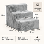 Three-step plush pet stairs dimensions: 46 by 35 by 35 cm, 10 by 34 by 15 cm steps and 4.5 kg limit