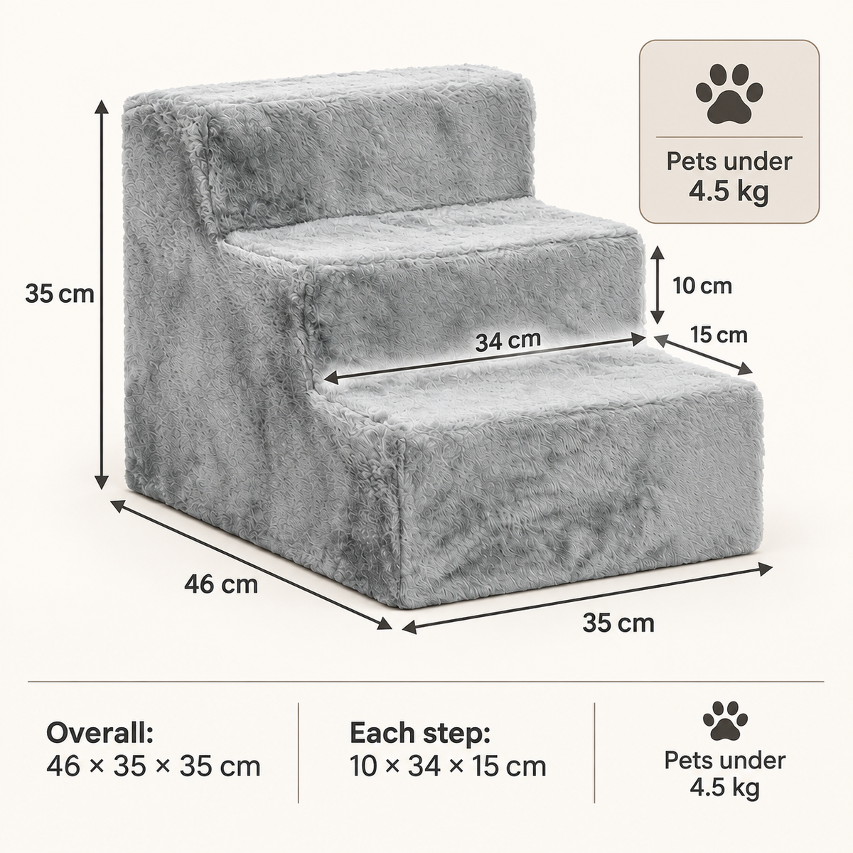 Three-step plush pet stairs dimensions: 46 by 35 by 35 cm, 10 by 34 by 15 cm steps and 4.5 kg limit