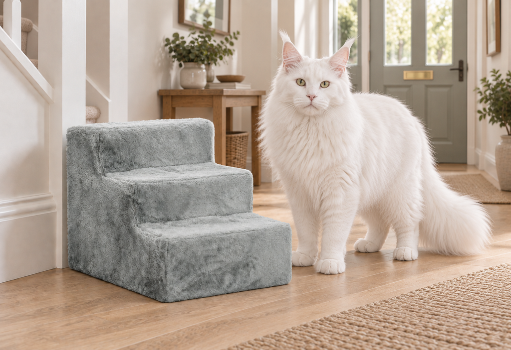 Compact light-grey three-step pet stairs beside a full-sized solid white Maine Coon in a hallway