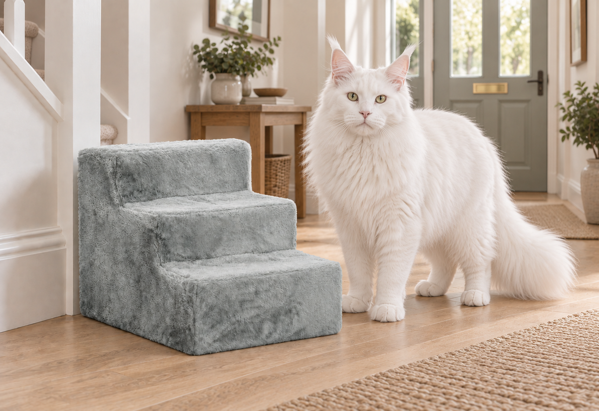 Compact light-grey three-step pet stairs beside a full-sized solid white Maine Coon in a hallway