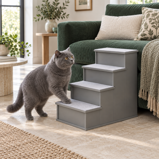 Large blue British Shorthair beside grey four-step wooden cat stairs by a sofa