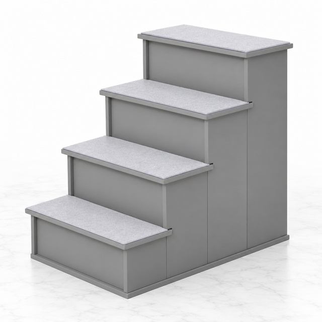 Grey four-step wooden cat stairs with removable washable plush tread pads on white marble