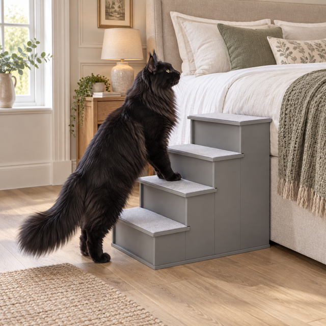 Large black Maine Coon using grey four-step wooden cat stairs beside a bed