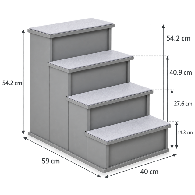 Grey four-step wooden cat stairs dimensions: 40cm wide, 59cm deep and 54.2cm high