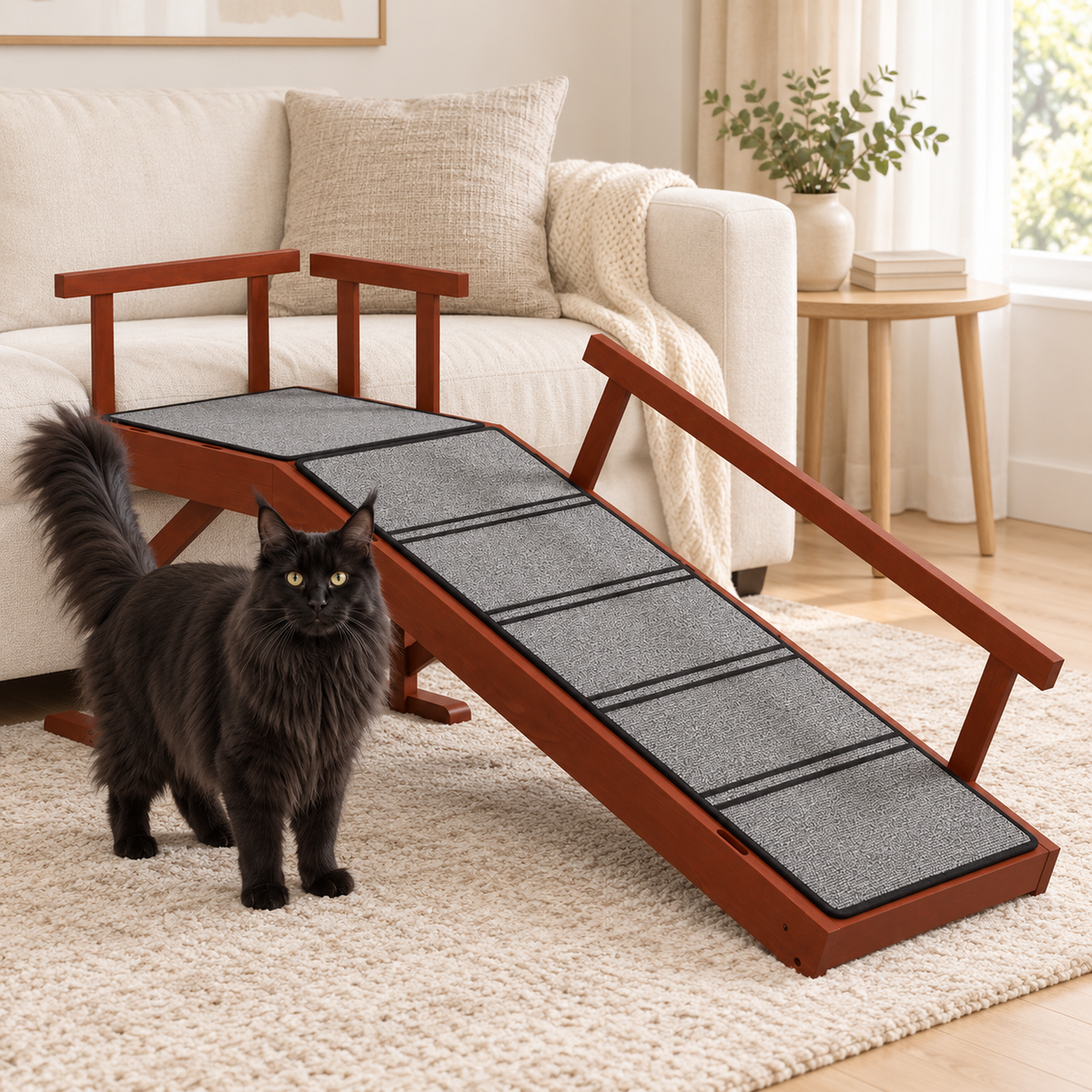 Brown wooden pet ramp beside a realistically sized black Maine Coon in a bright living room